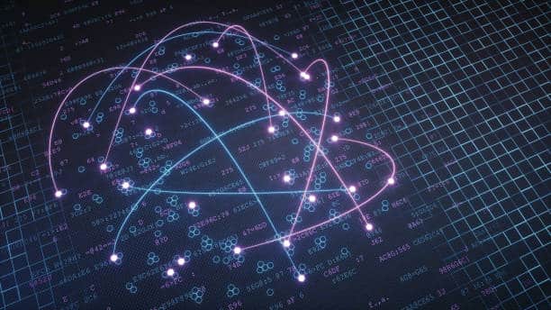 Abstract digital image showing glowing lines and points forming network connections over a dark grid background with numbers and data symbols, representing data flow or Domains Targeting Spotify Job-Seekers in quantum computing concepts.